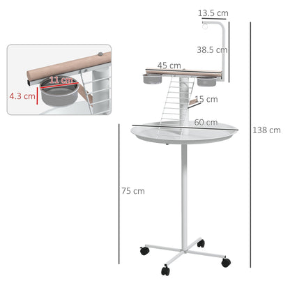 The bird stand with four wheels showing dimensions and parts