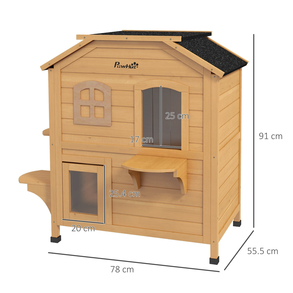 This two-story wooden cat house has dimensions shown for its width, depth and height