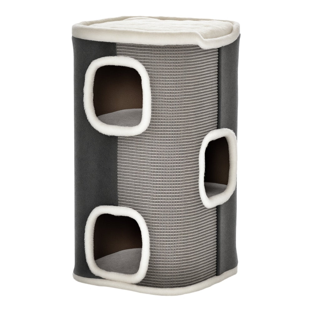 PawHut Cat Barrel Scratching Post grey cat tree with multiple openings and soft plush trim