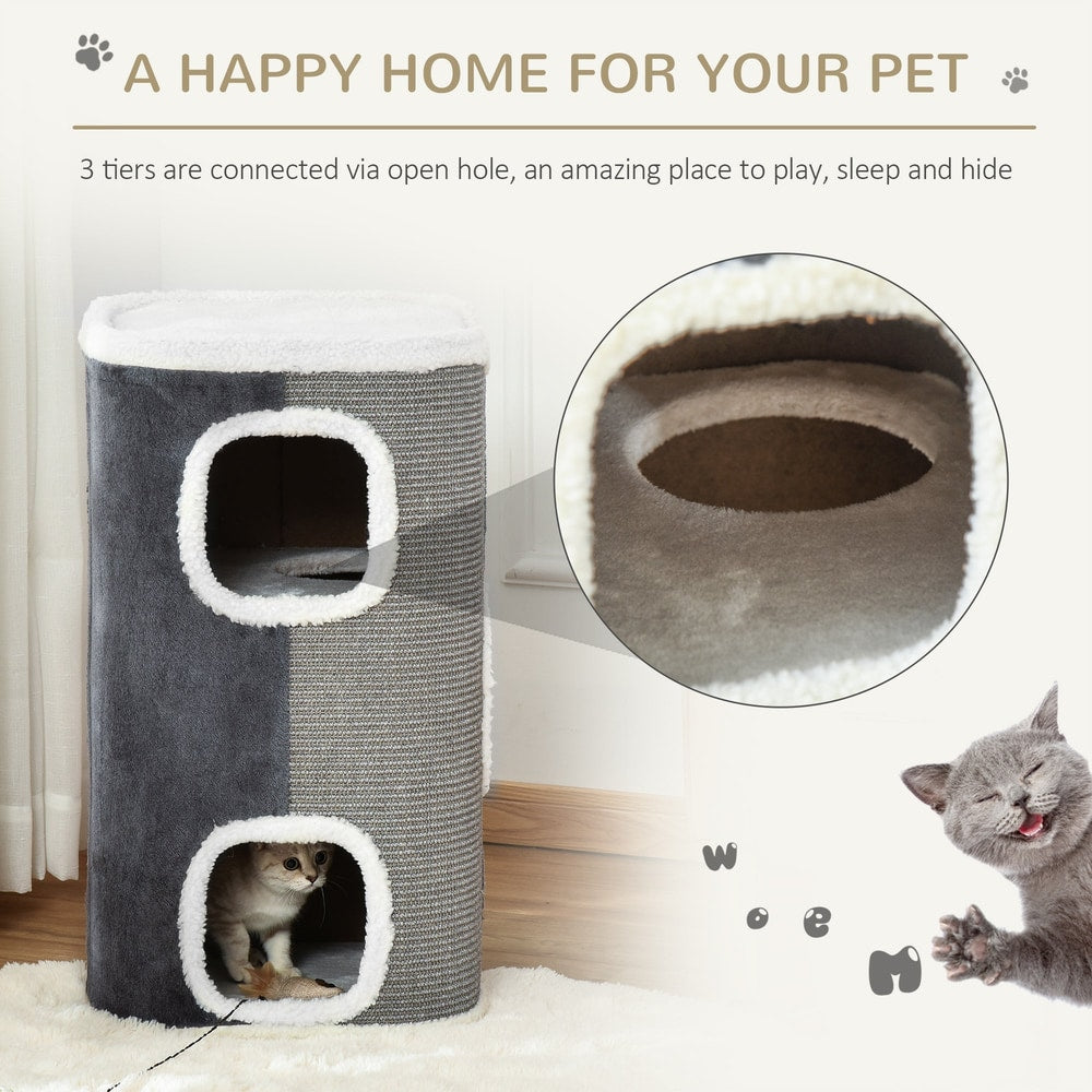 Close up of the grey cat tree showing interior and a cat playing with a toy