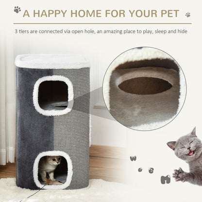 Close up of the grey cat tree showing interior and a cat playing with a toy