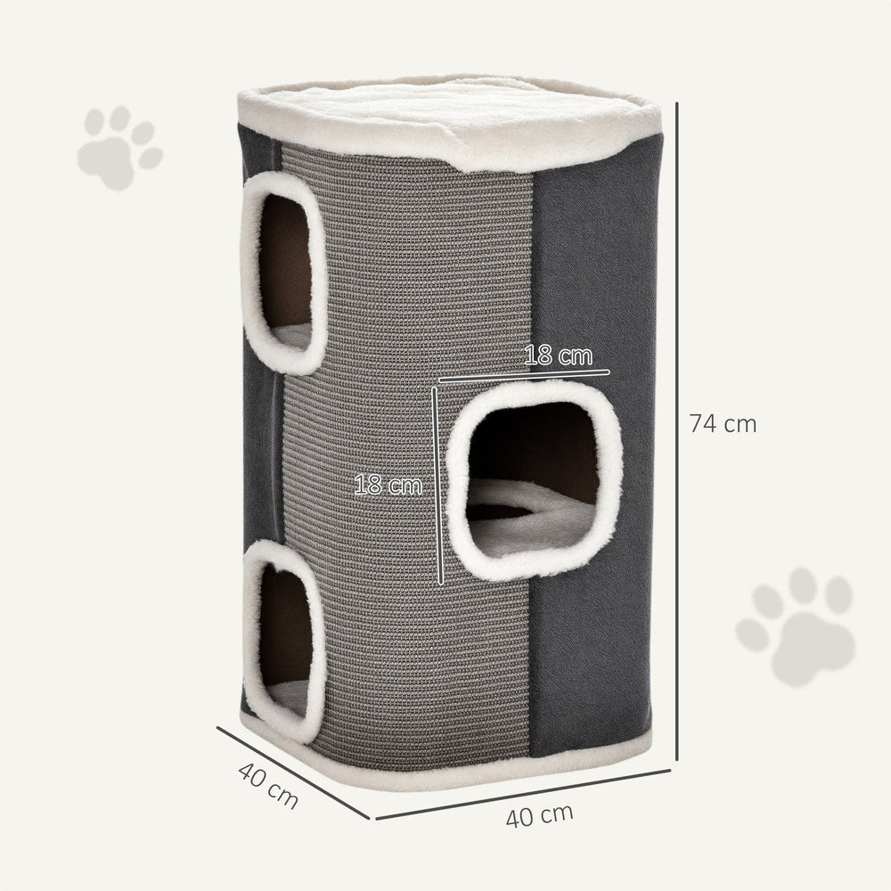 Dimensions of the grey cat tree showing height and width measurements