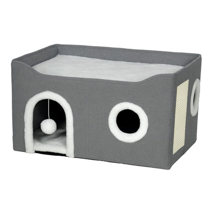 PawHut Cat Bed for Indoor Pets, a grey fabric cat house with a fluffy ball hanging inside and a scratch pad on the side
