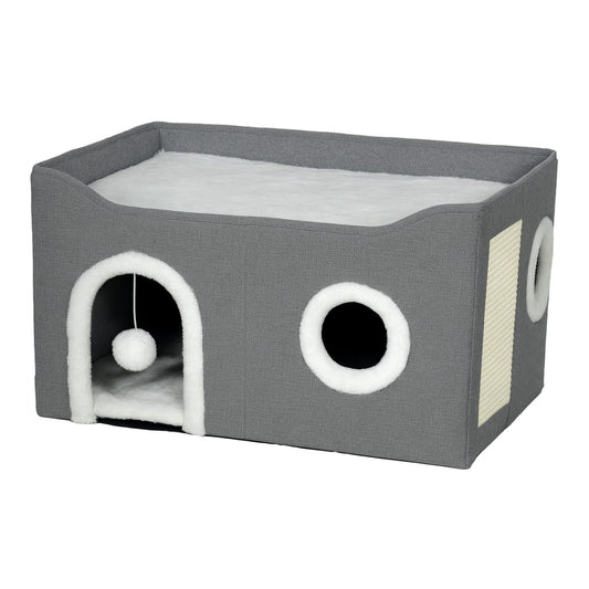 PawHut Cat Bed for Indoor Pets, a grey fabric cat house with a fluffy ball hanging inside and a scratch pad on the side