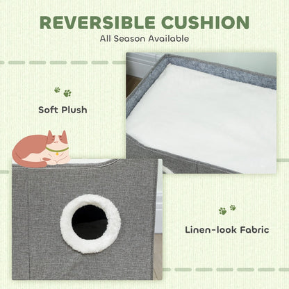 A grey fabric cat house showing its soft plush reversible cushion and linen-look fabric