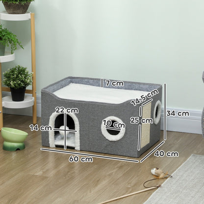 A grey fabric cat house with dimensions labelled, showing its size