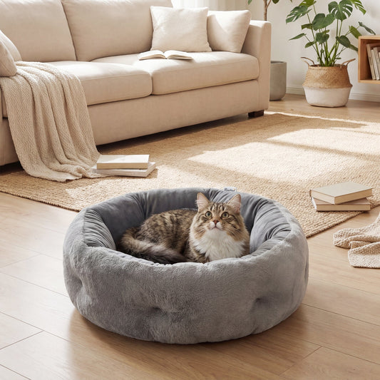 A tabby cat resting comfortably in the round pet bed in a living room setting