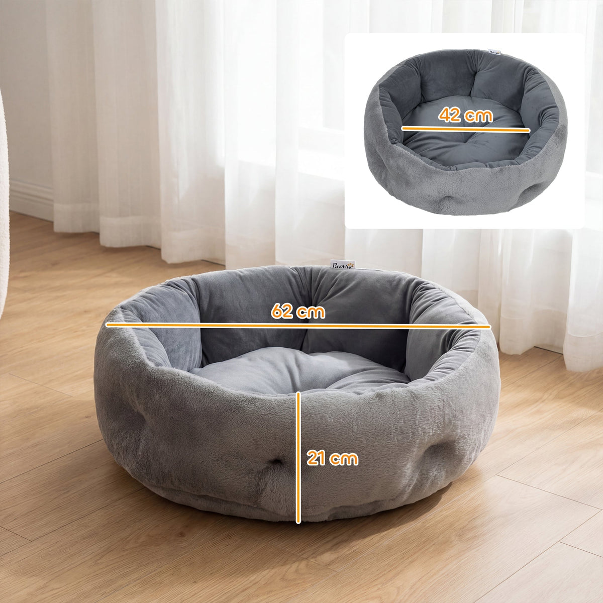 Round pet bed showing its overall dimensions for size guidance