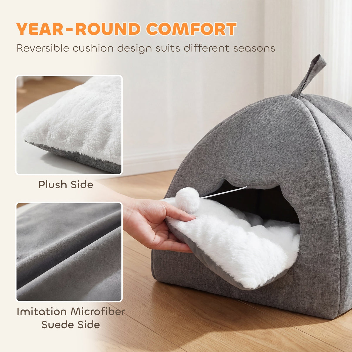 Close up of the reversible cushion for the cat igloo, showing plush and suede sides