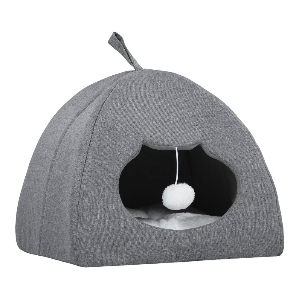 PawHut Cat Cave Bed for Indoor Kittens, a grey fabric igloo with a teaser ball inside