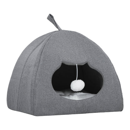 PawHut Cat Cave Bed for Indoor Kittens, a grey fabric igloo with a teaser ball inside