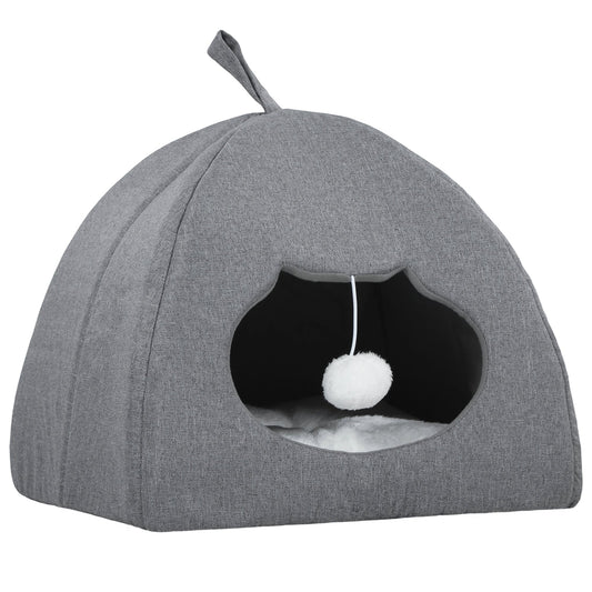 PawHut Cat Cave Bed for Indoor Kittens, a grey fabric igloo with a teaser ball inside