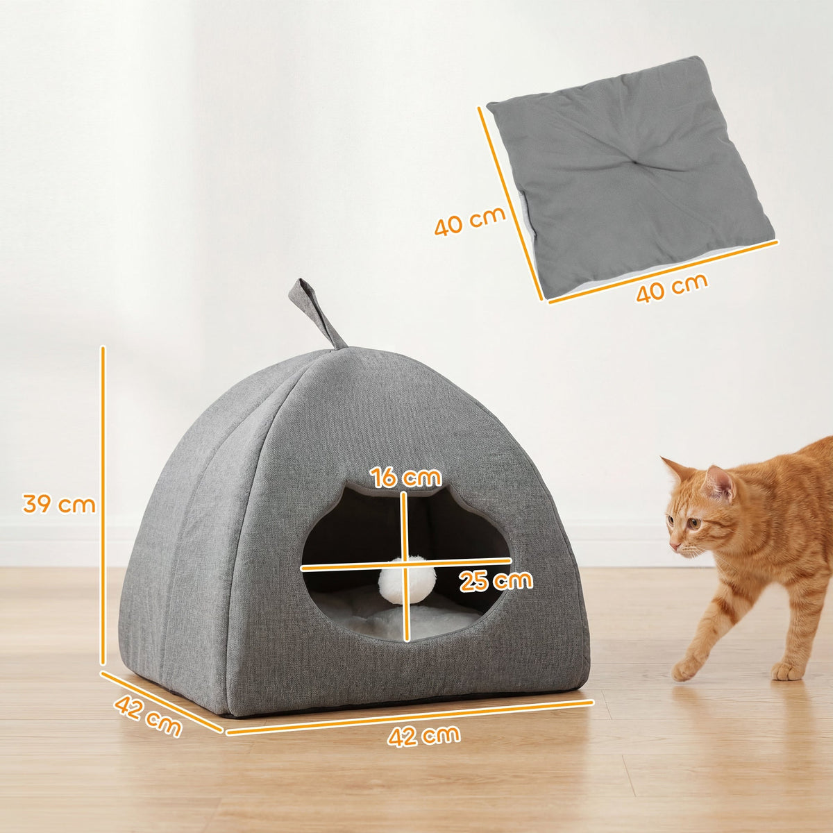 Grey cat house bed with dimensions shown, and a separate cushion