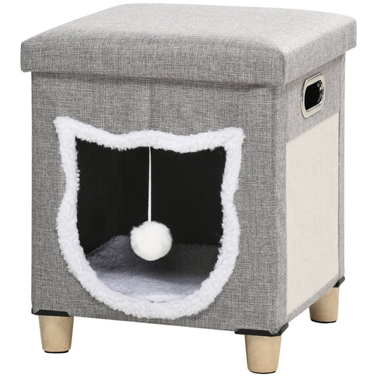 PawHut Cat House Cave, a grey fabric cube with a cat-shaped entrance and a dangling toy ball