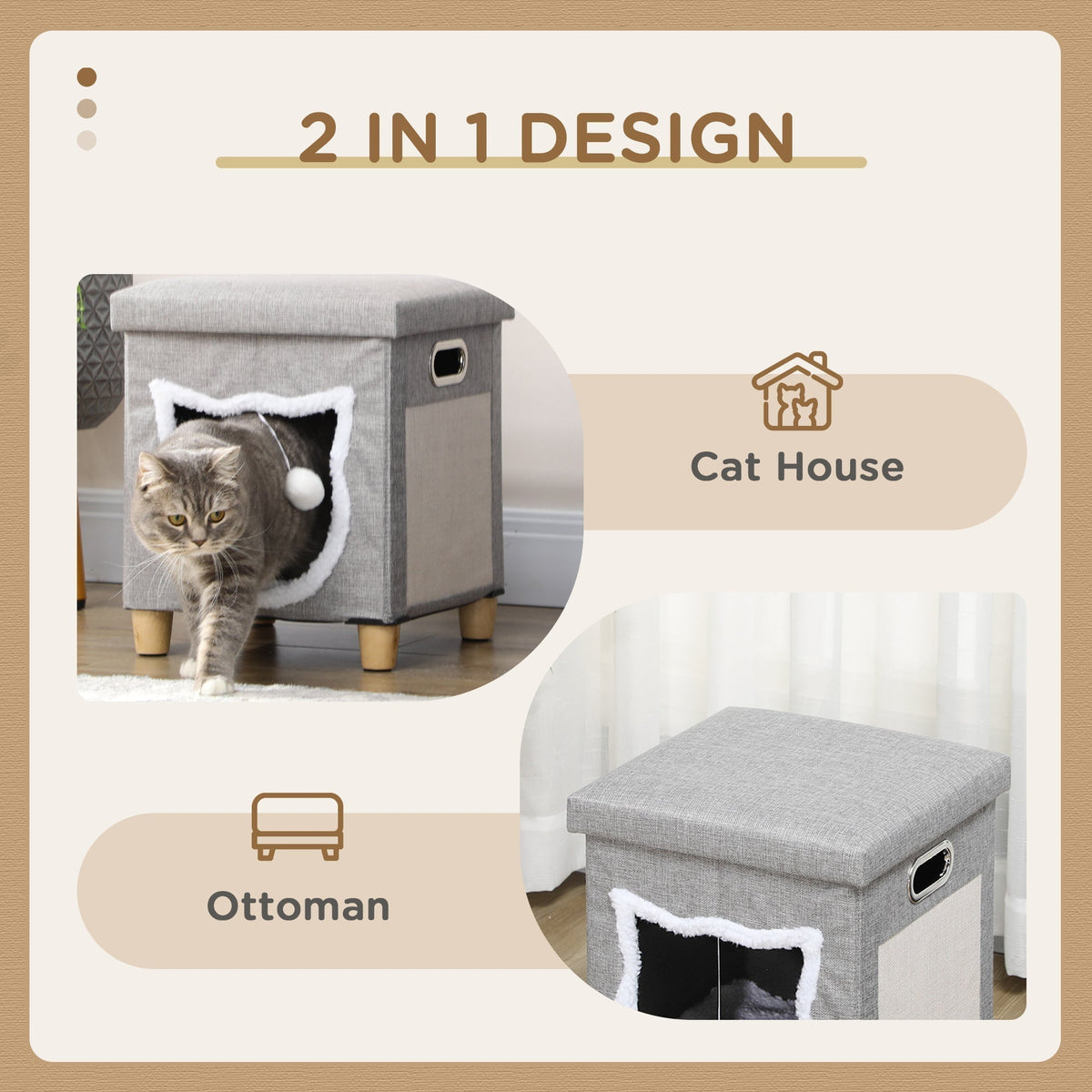 A cat house cube shown as both a cat house and an ottoman, with a cat walking out of it