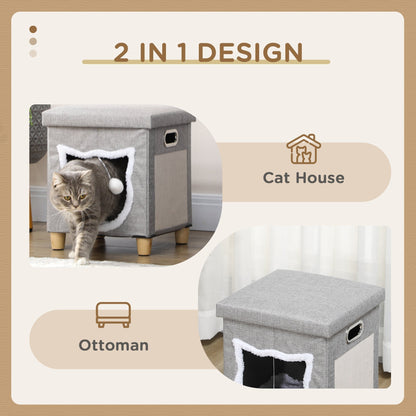 A cat house cube shown as both a cat house and an ottoman, with a cat walking out of it
