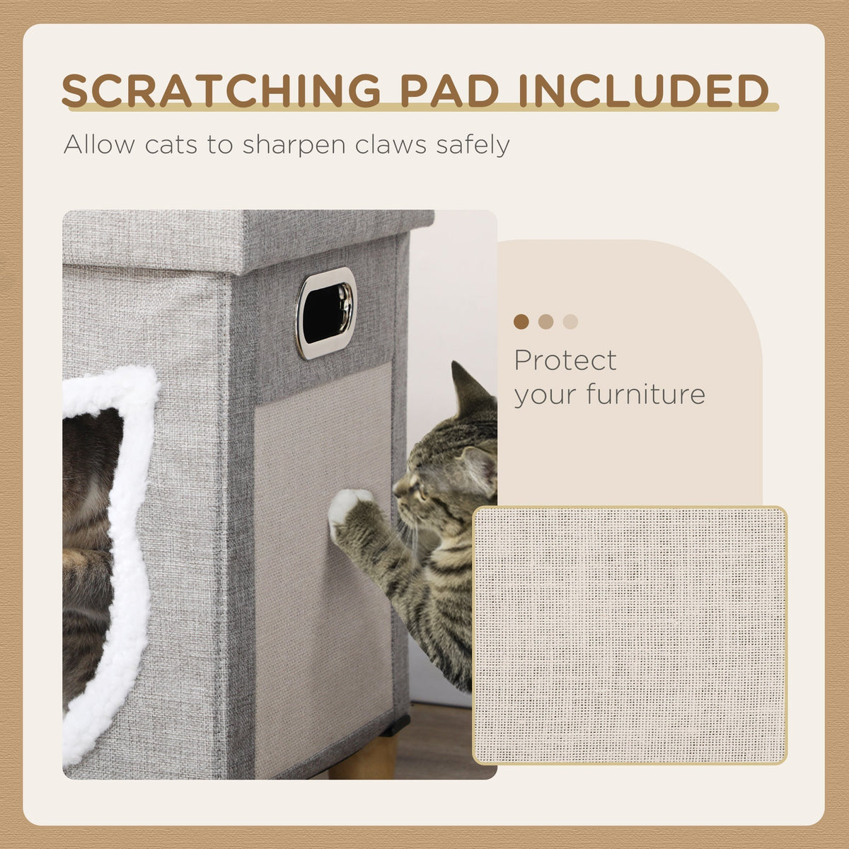 A close-up of the scratching pad on the side of the cat house cube, with a cat's paw on it