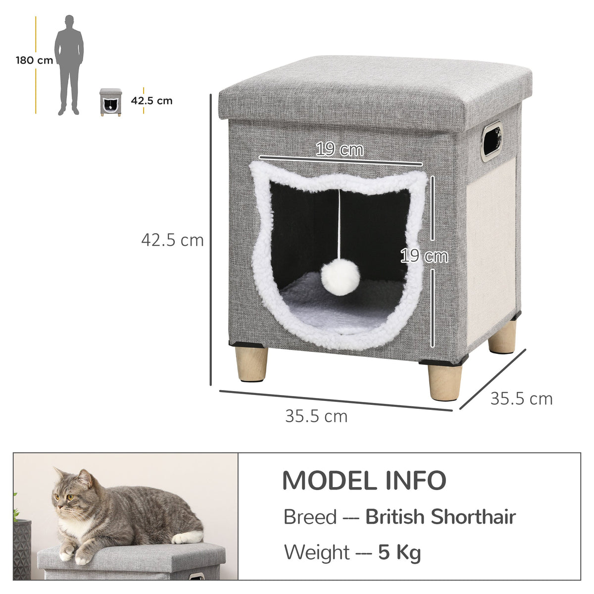 A size diagram showing the dimensions of the cat house cube and a person for scale
