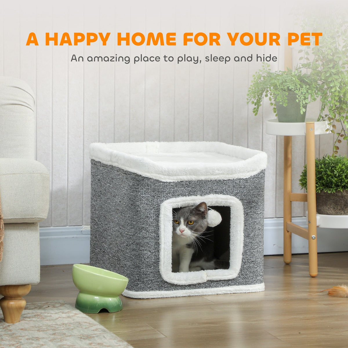The cat house with a cat peeking out from the entrance hole in a bright living room