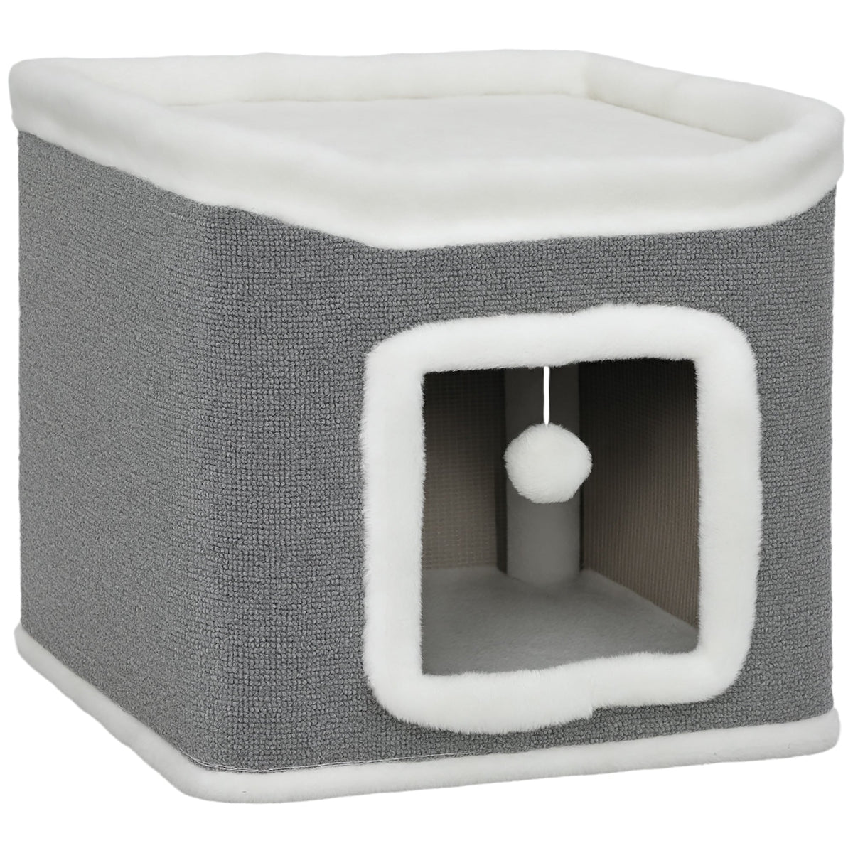 PawHut Cat House for Indoor Kittens in grey with a white plush trim and a hanging toy ball