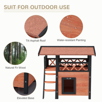 The cat house with circular inserts highlighting the roof, wood finish and elevated base
