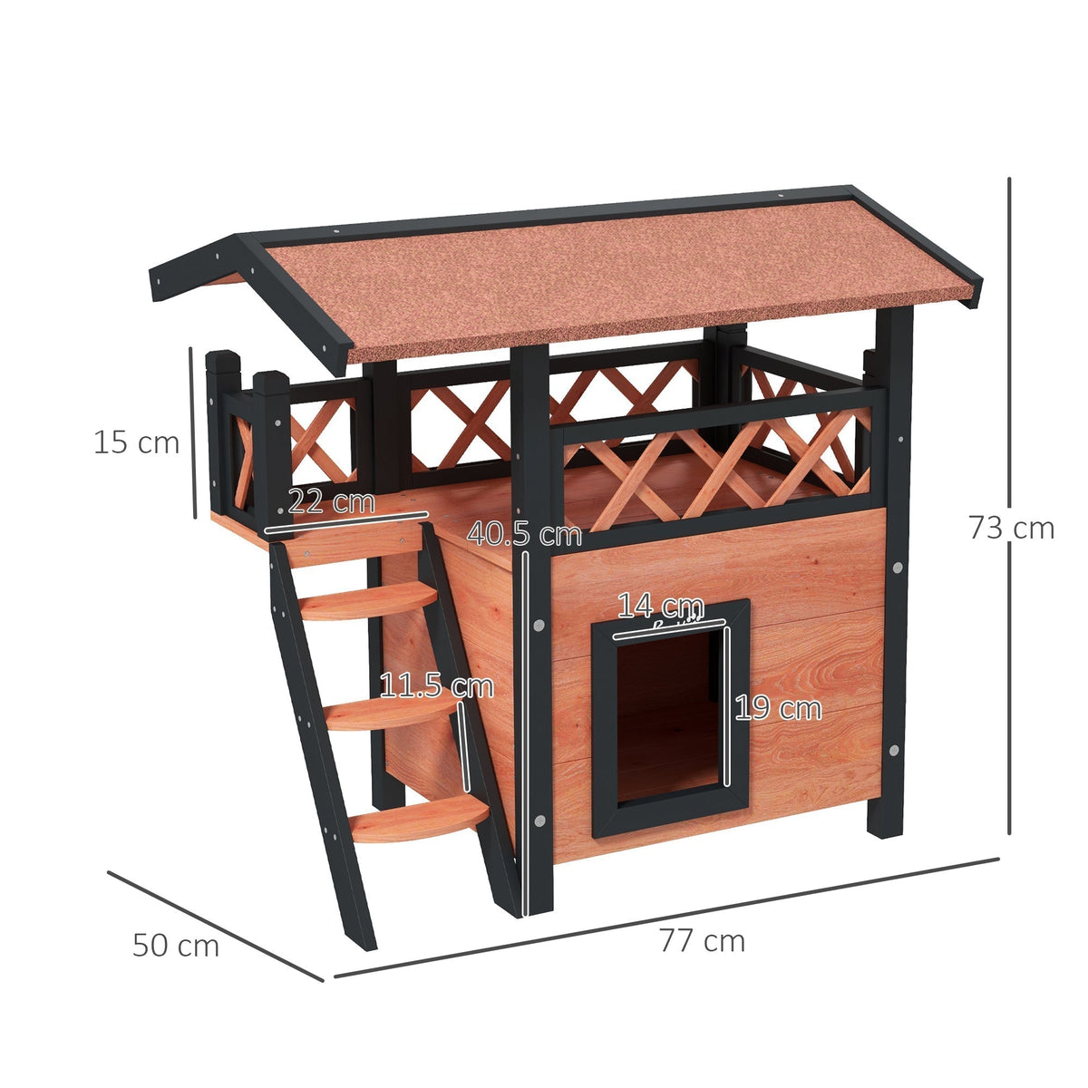 The cat house with white lines and text indicating the external and internal dimensions