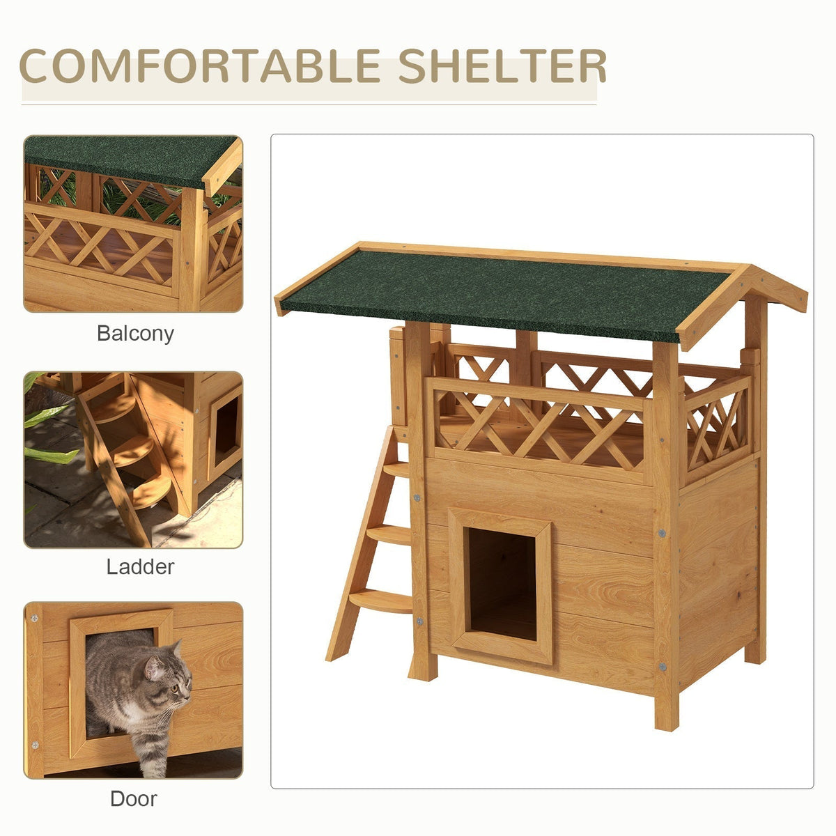 Close-up views of a wooden outdoor cat house, highlighting the balcony, ladder, and doorway, with a cat visible