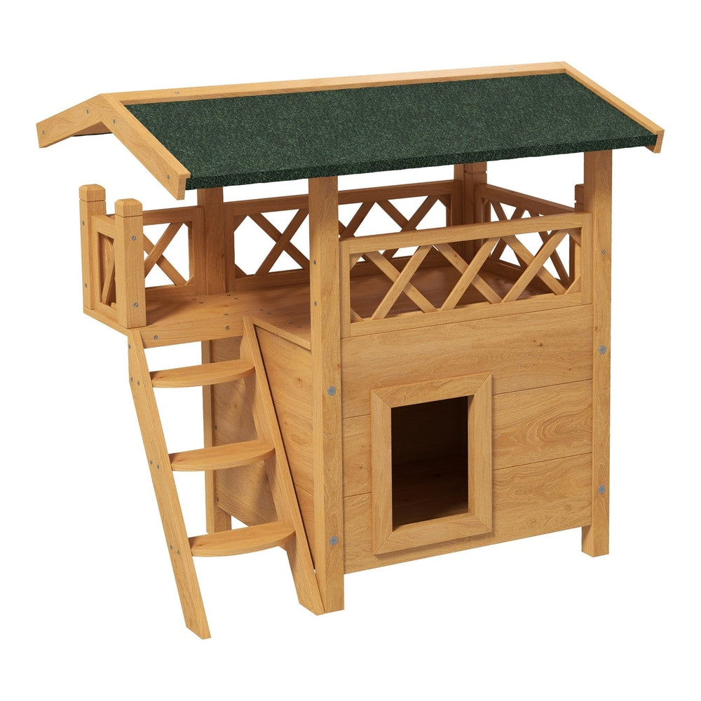 PawHut Cat House Outdoor w/ Balcony Stairs Roof, a wooden cat house with a green roof and a ladder to a balcony