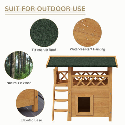 An outdoor cat house made of natural wood with a green asphalt roof, showing its construction and suitability for outdoor use