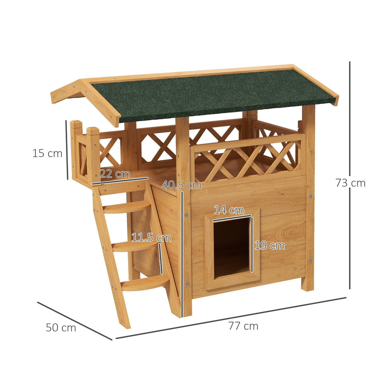 A wooden outdoor cat house with a green roof, showing dimensions for height, width, depth, and balcony size