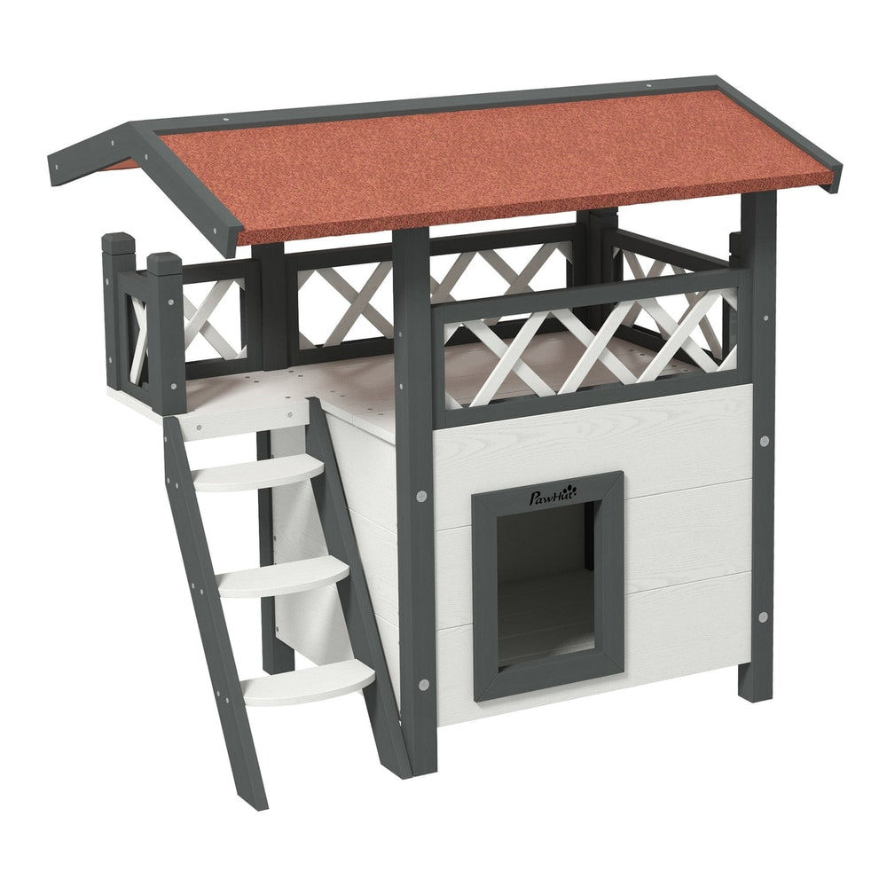PawHut Cat House Outdoor w/ Balcony Stairs Roof, a white and grey wooden cat house with a red roof and a balcony