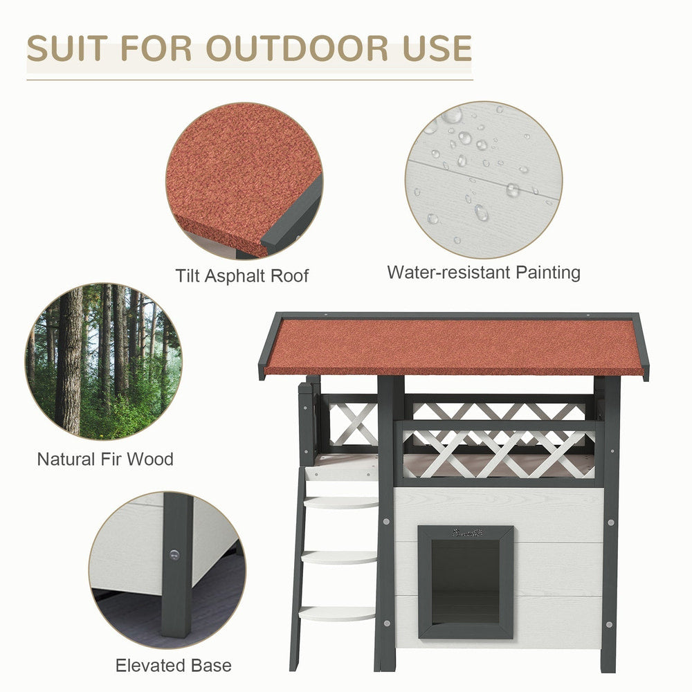 An outdoor cat house with a red roof, showing its features like a tilted roof and water-resistant paint