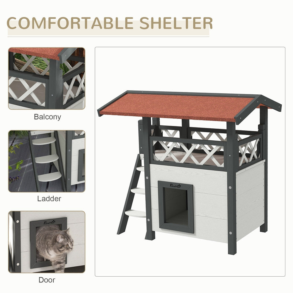 Close-ups of an outdoor cat house, showing the balcony, ladder, and door