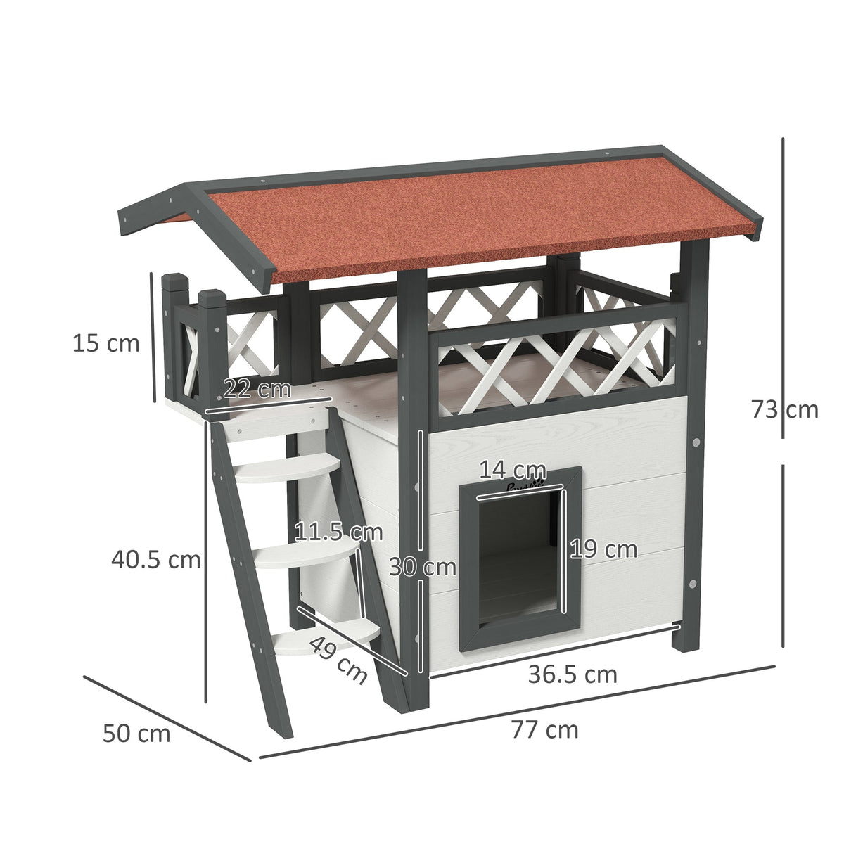 A white and grey outdoor cat house with a red roof and stairs, showing dimensions