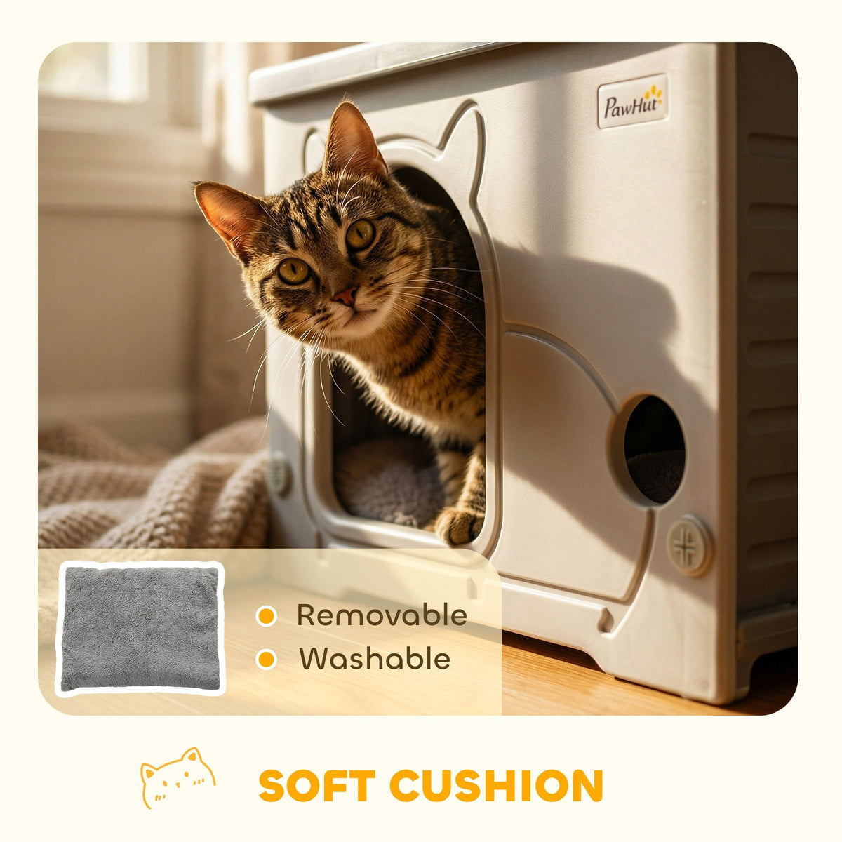 Close up of the grey cat house showing the soft removable and washable cushion