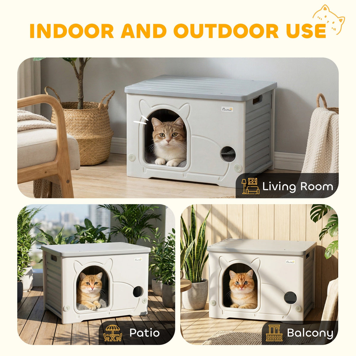 Grey cat house shown in a living room, on a patio and on a balcony