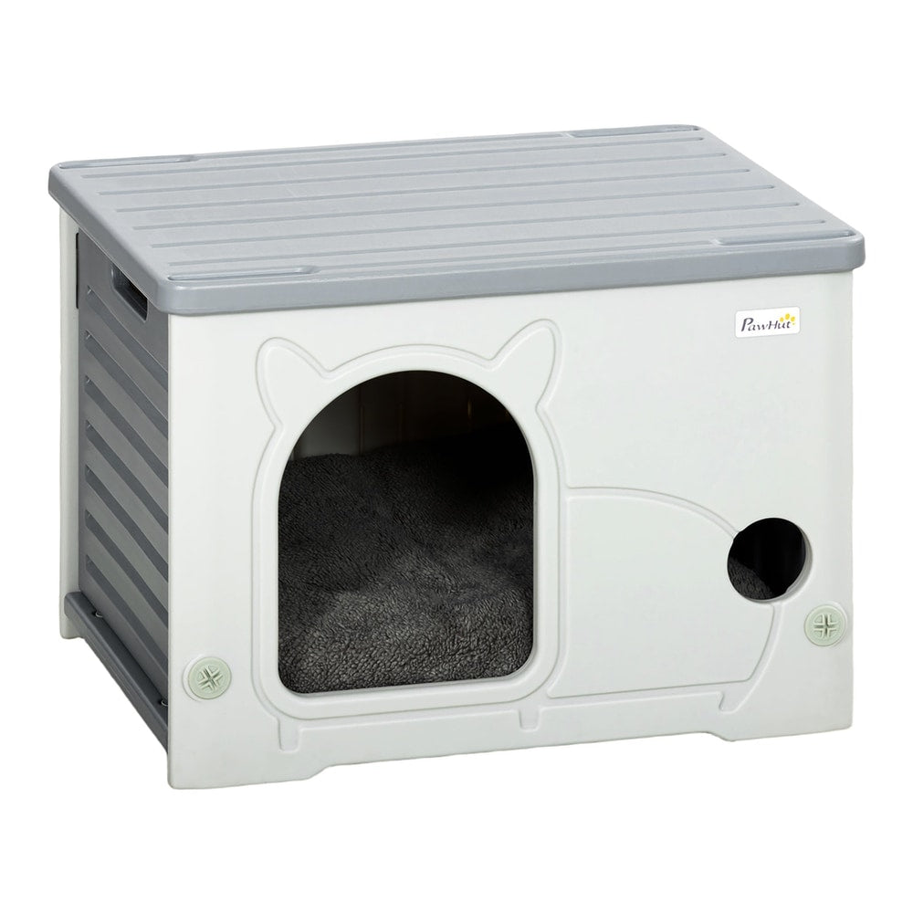 PawHut Cat House grey stackable pet shelter with a removable cushion inside
