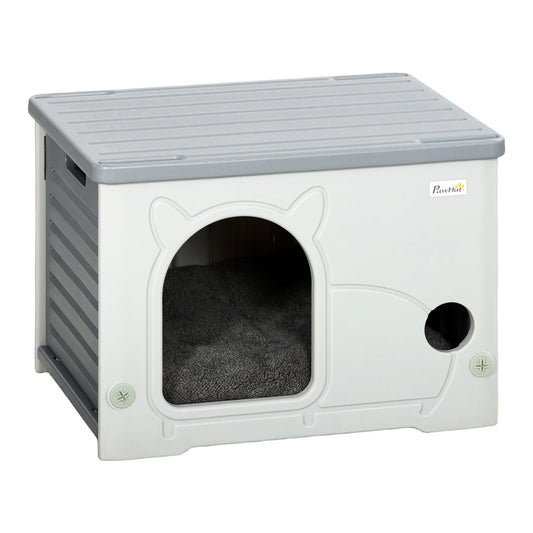 PawHut Cat House grey stackable pet shelter with a removable cushion inside