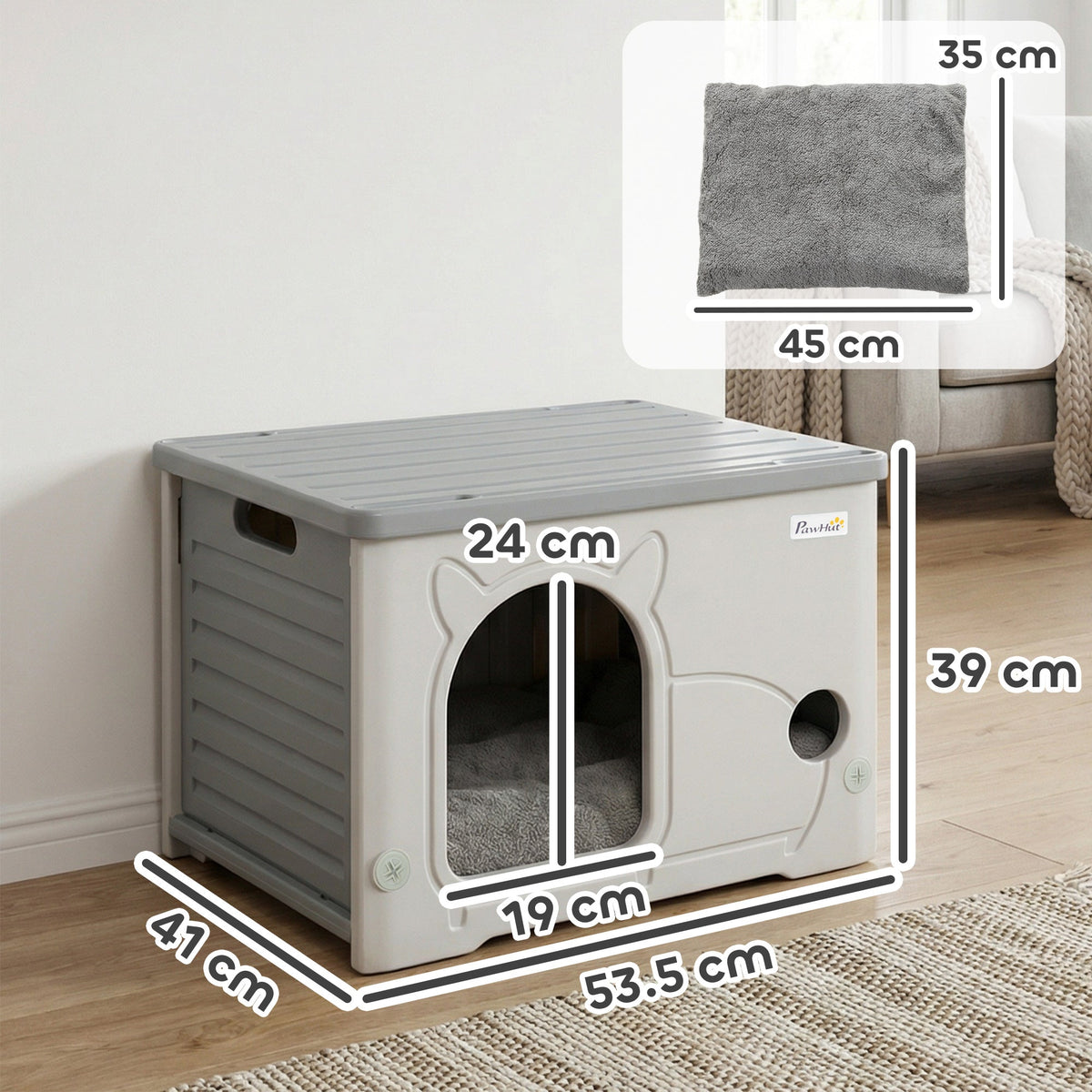 Dimensions of the grey stackable cat house with measurements shown