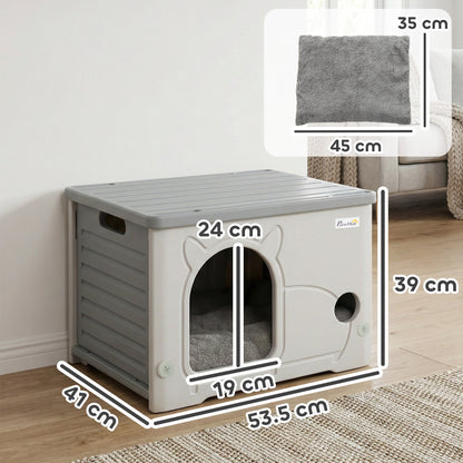 Dimensions of the grey stackable cat house with measurements shown