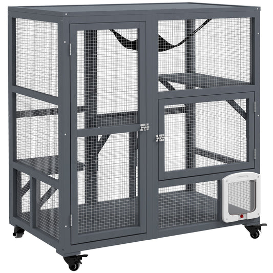 PawHut Cat House, a grey wooden indoor cat enclosure with multiple platforms and a hammock