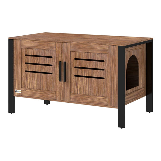 PawHut Cat Litter Box Enclosure with Tall Legs showing the dark brown wooden finish and black frame