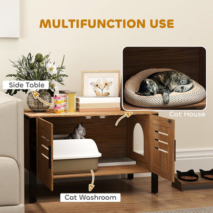 The cat litter box enclosure showing multiple uses as a side table and a cosy cat house