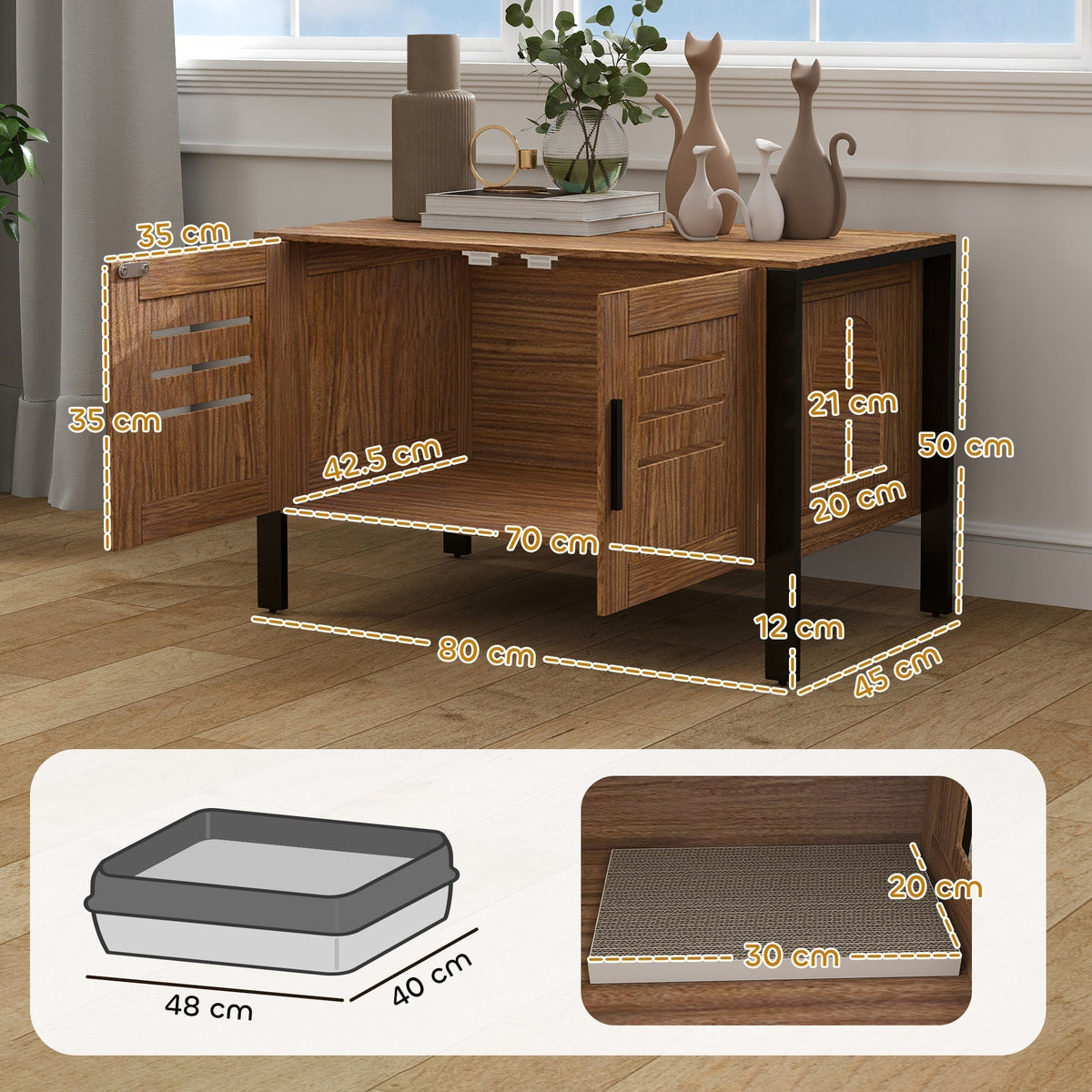 The cat litter box enclosure with dimension lines and a separate view of the scratching board