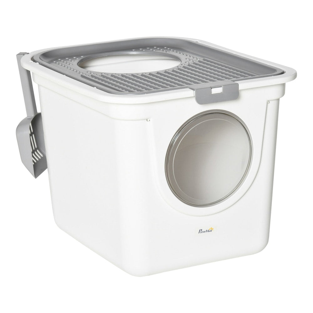 PawHut Cat Litter Box, a white enclosed pet toilet with a grey top and a front entrance