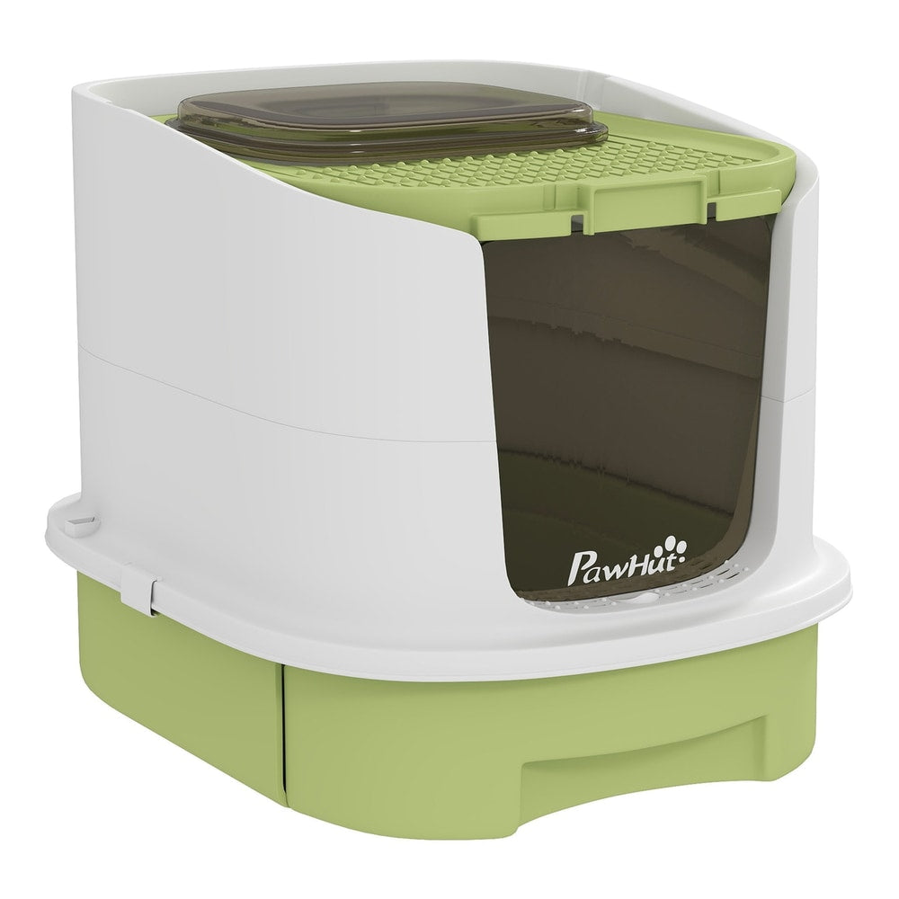 PawHut Cat Litter Box with Lid, Scoop, Deodorisation Bags, Top Entry, Green, a modern enclosed cat toilet in white and green