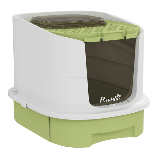 PawHut Cat Litter Box with Lid, Scoop, Deodorisation Bags, Top Entry, Green, a modern enclosed cat toilet in white and green