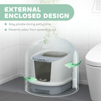 the enclosed cat litter box sitting in a bathroom with a transparent dome effect