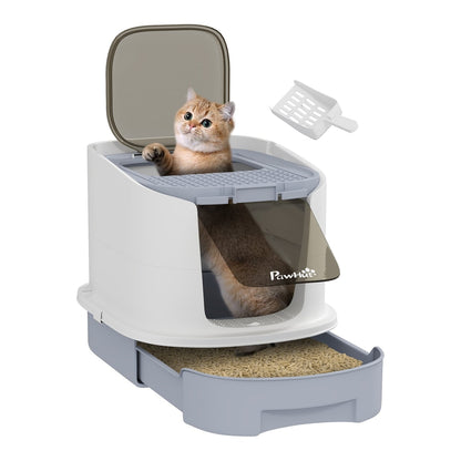 PawHut Cat Litter Box with Lid, a white and grey top entry cat toilet with a cat inside and a scoop on top