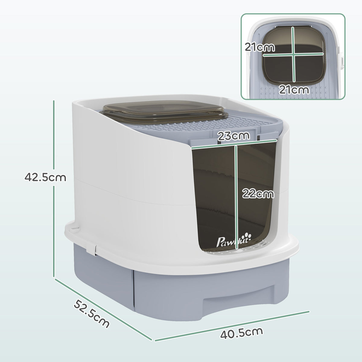the cat litter box with dimensions shown for height, width and depth